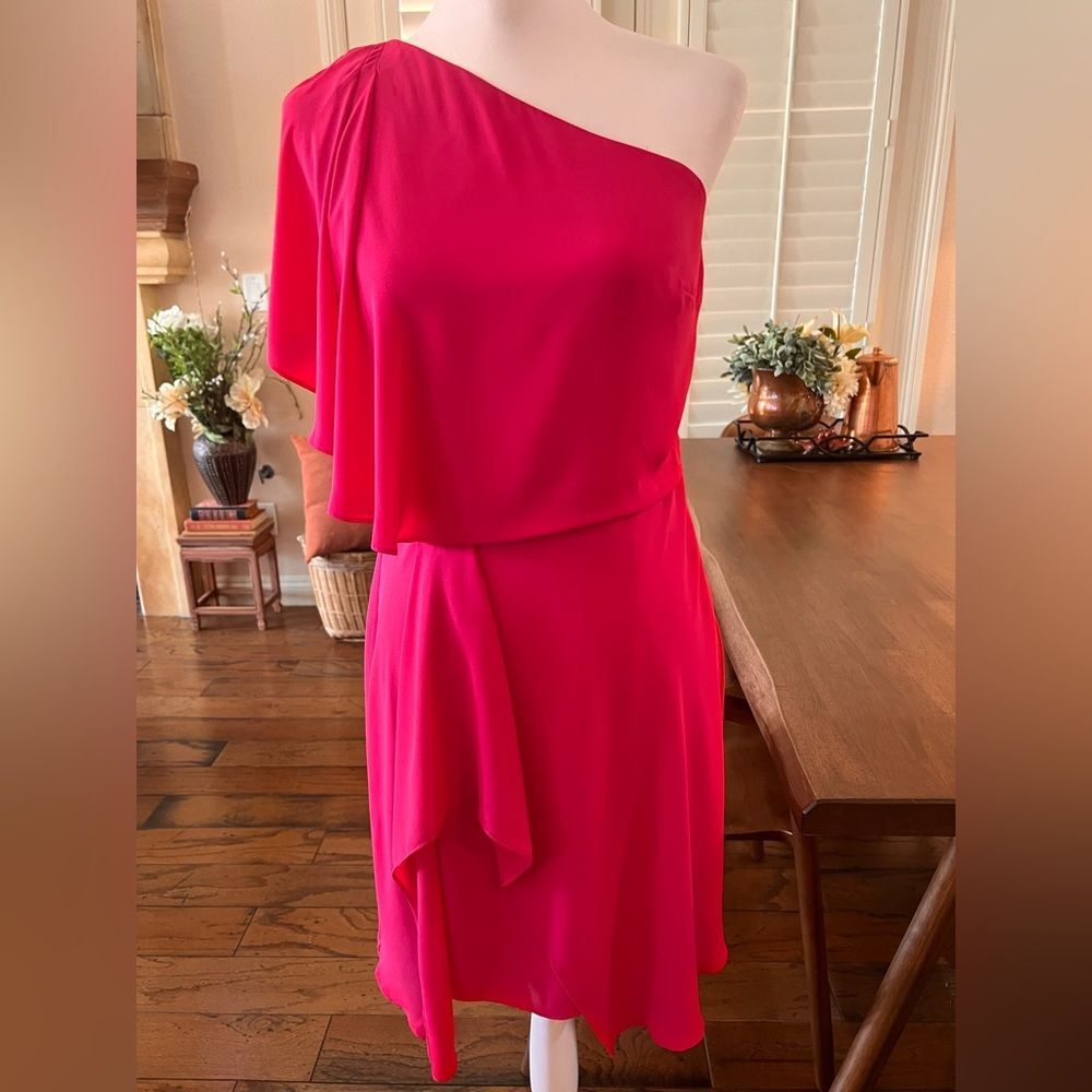 Halston One Shoulder Raspberry Mini Dress Draped Ruffle Cocktail Party NWT 2 - Picture 2 of 7